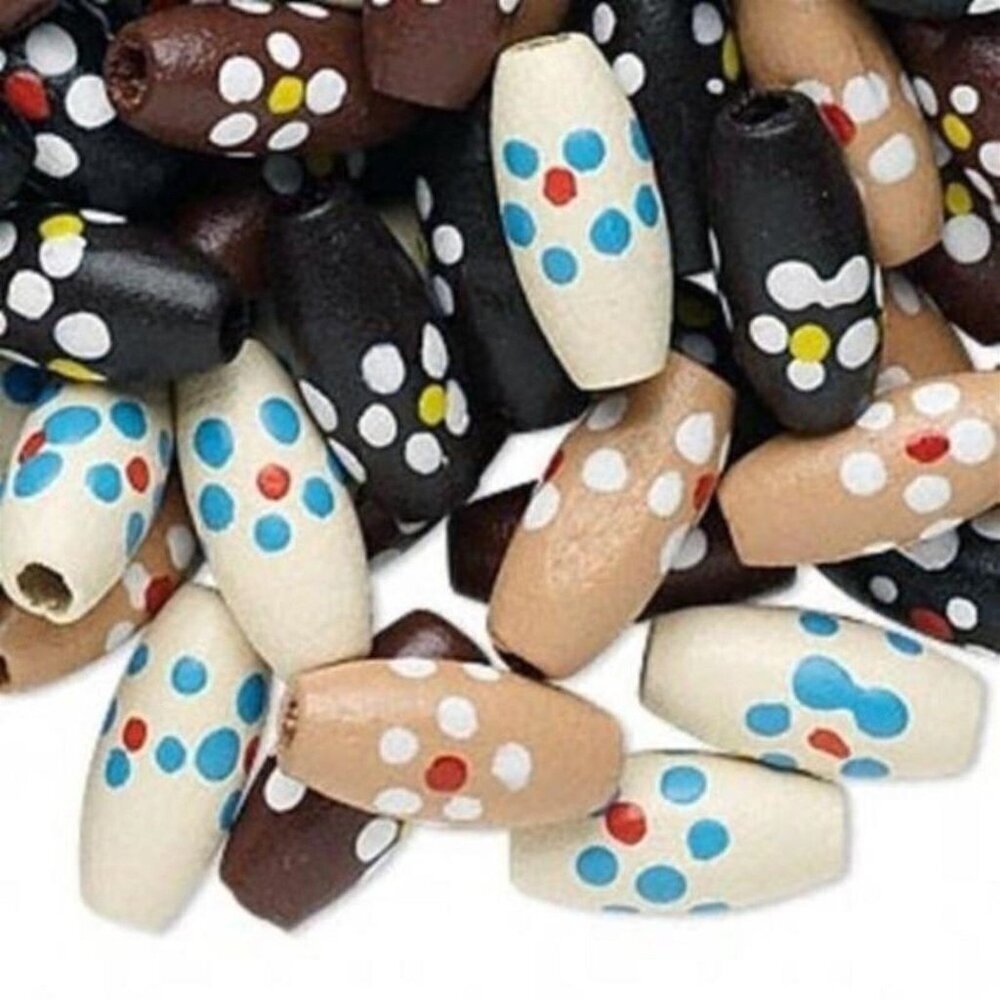 100 Artisan Wood Beads Hand Painted Flowers 15x8mm Oval White Brown Tan & Black